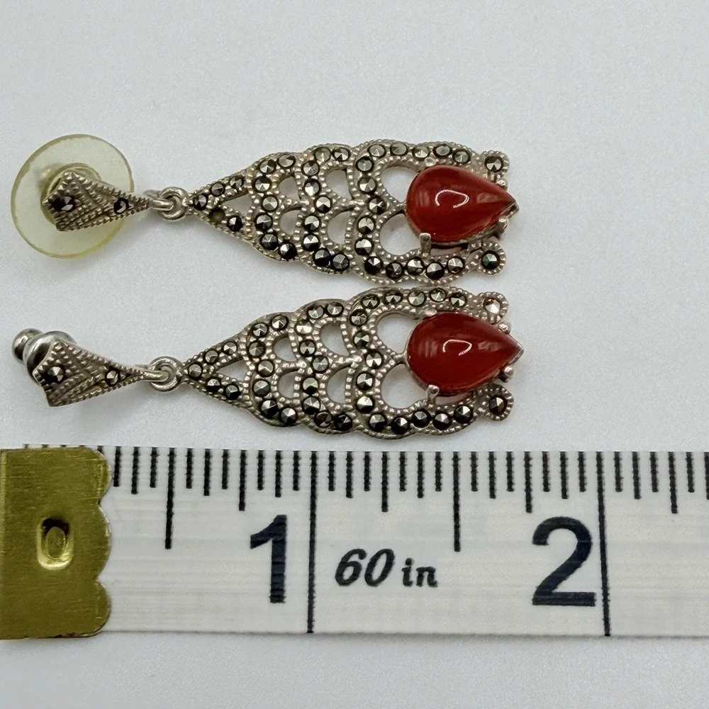 Vintage Sterling Silver 925 & Red Agate Marcasite Dangle Earrings Estate Formal